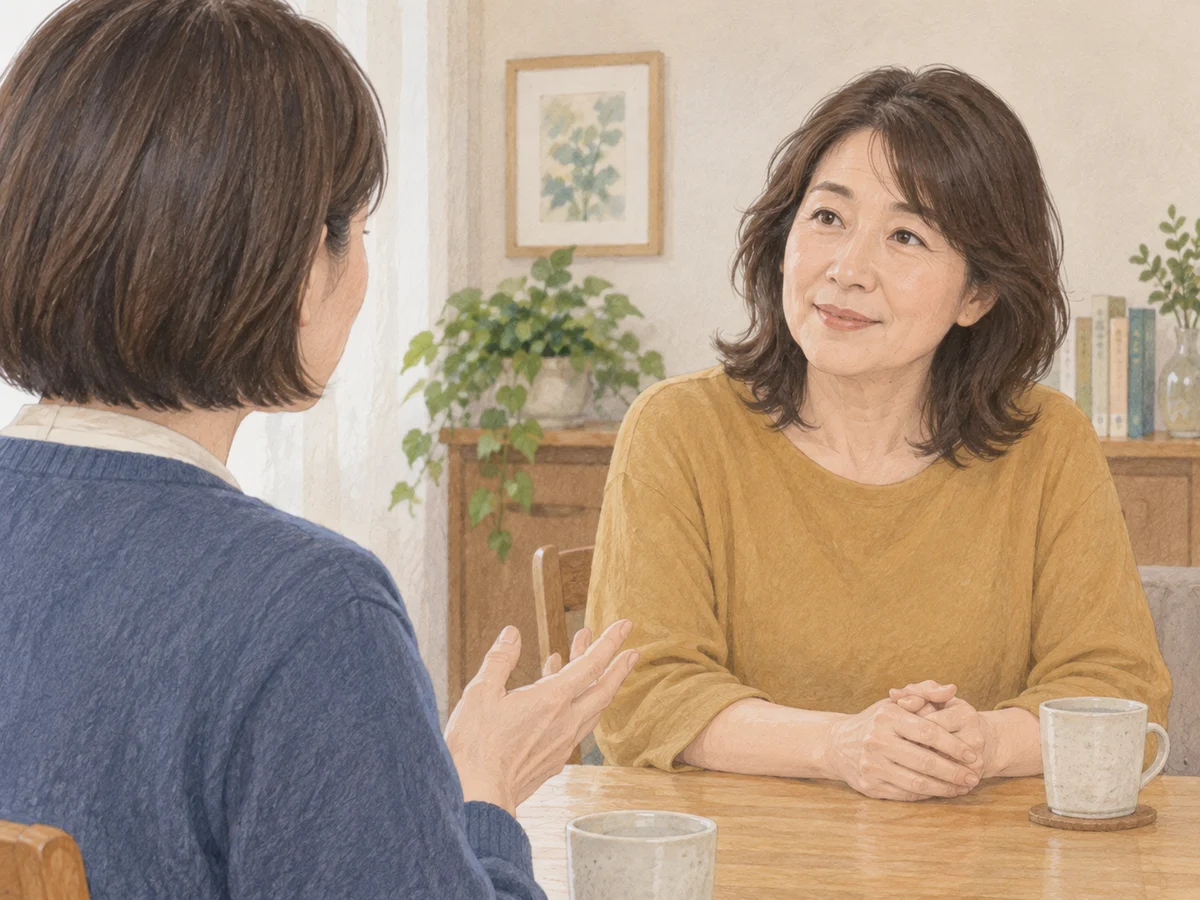 紹介を頼む友人に、会い方の希望を話す場面のイラスト