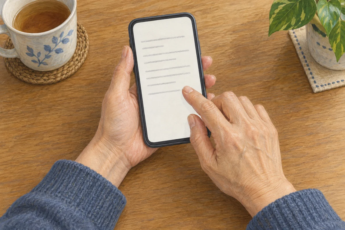 スマートフォンのメモに、誘いへの返事を書き留める手元のイラスト