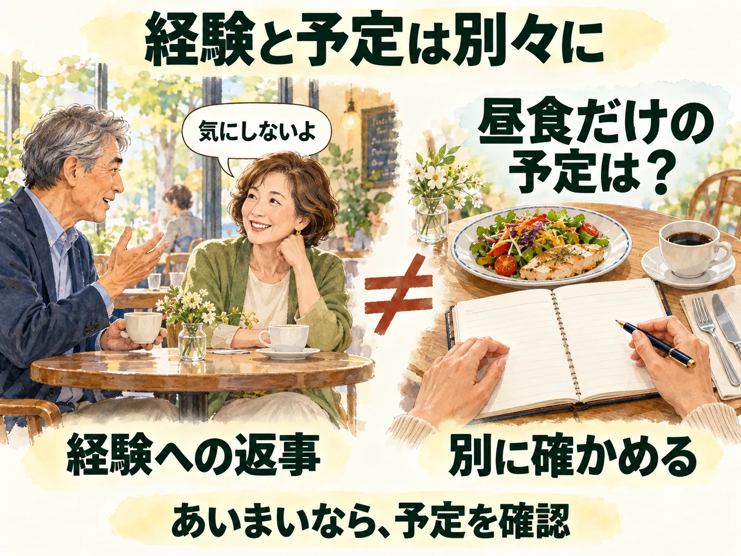 経験を気にしないという返事と、昼食だけの予定への返事は別であることを、会話と未記入の予定帳で示す図。