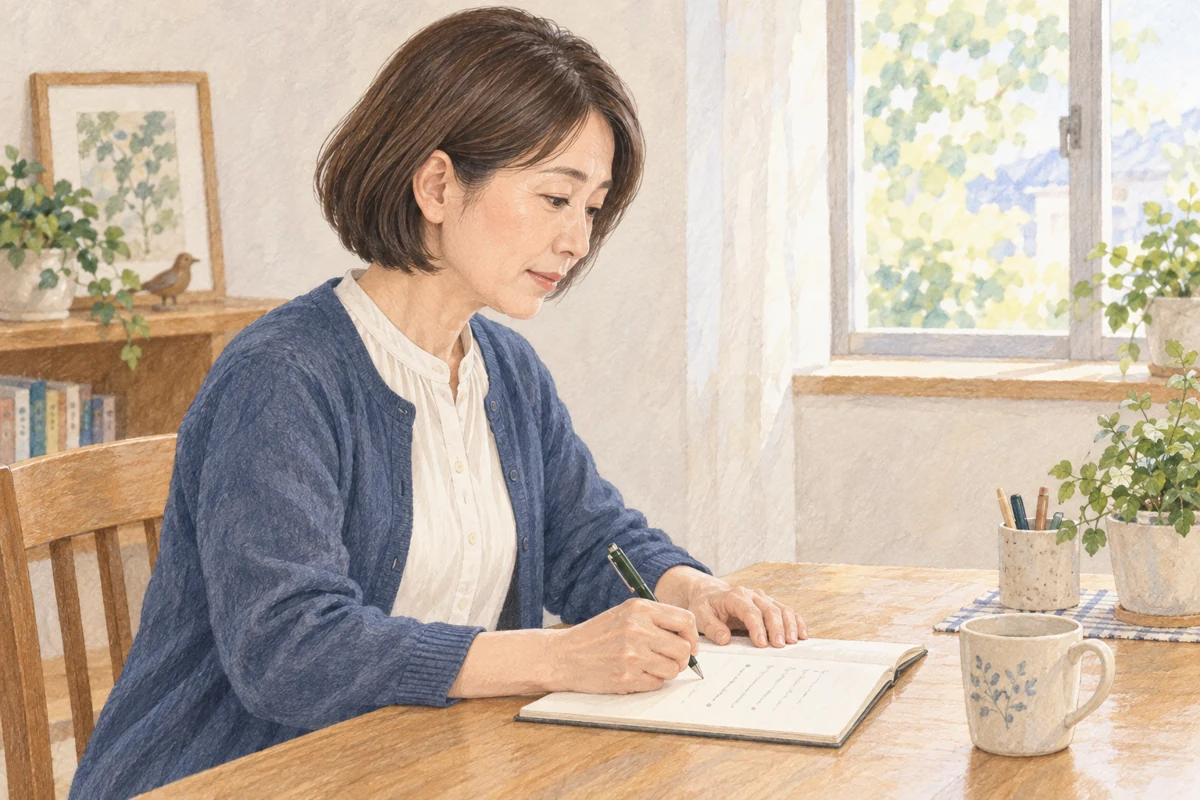 誘われた予定を自分用のノートに整理する場合を描いた女性のイラスト