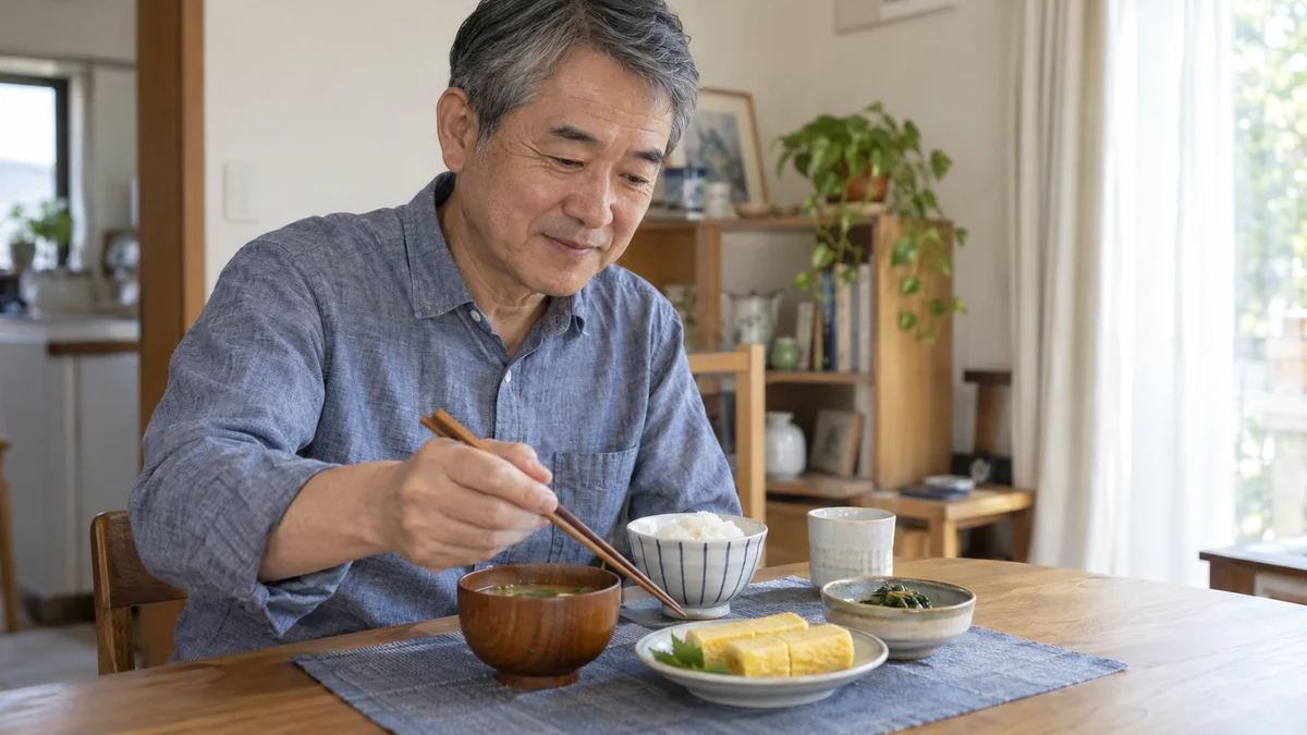 卵焼きのある食卓で、箸を手にする男性