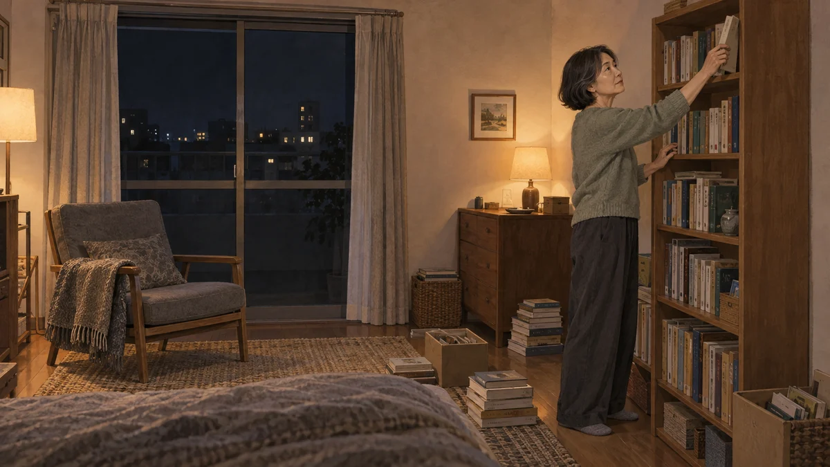 夜の部屋で本棚の上段へ文庫を戻す女性