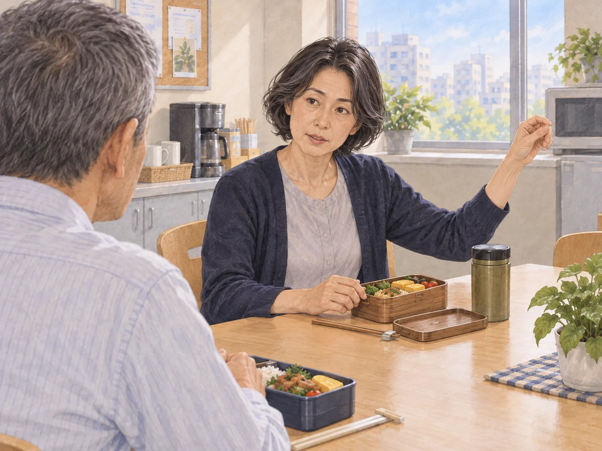 本棚の話をしながら左手でカーテンを引く仕草をする女性