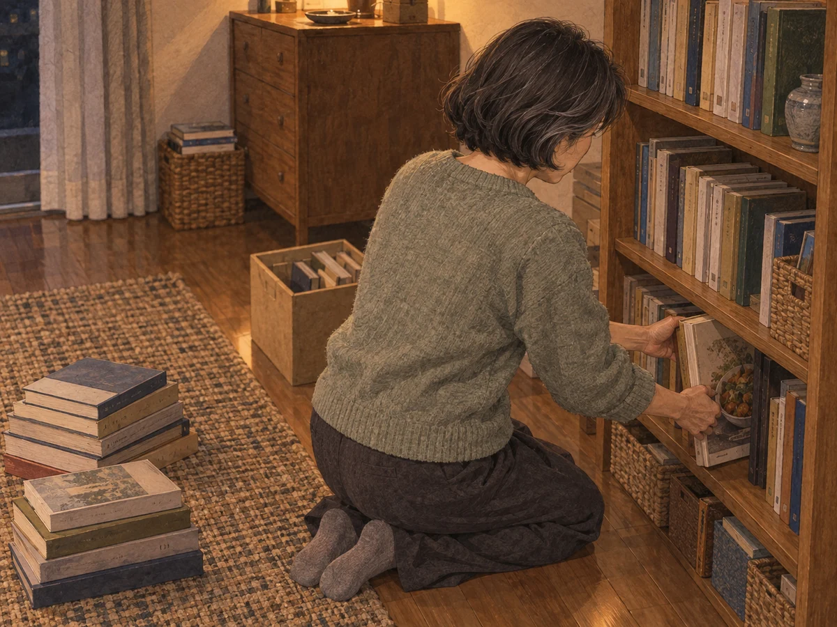 床に膝をつき本棚の下段へ大きな本を戻す女性