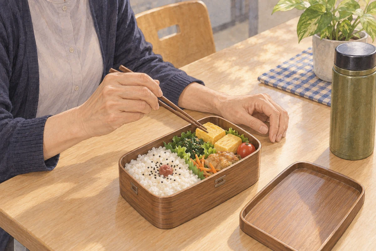 弁当の卵焼きへ伸ばした箸を止める女性の手元