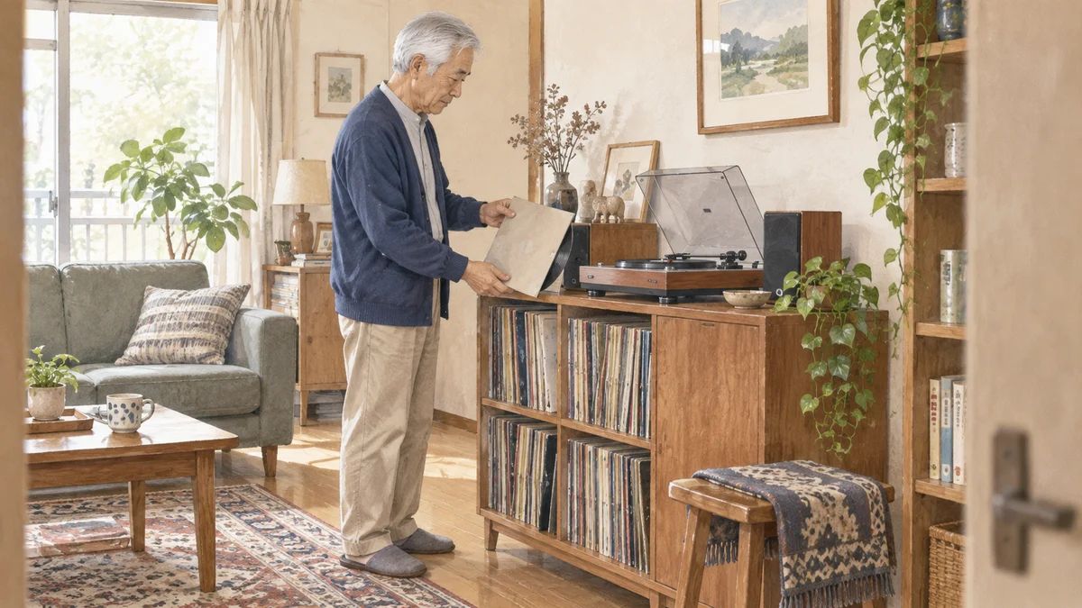 居間でレコードを棚へ戻す男性
