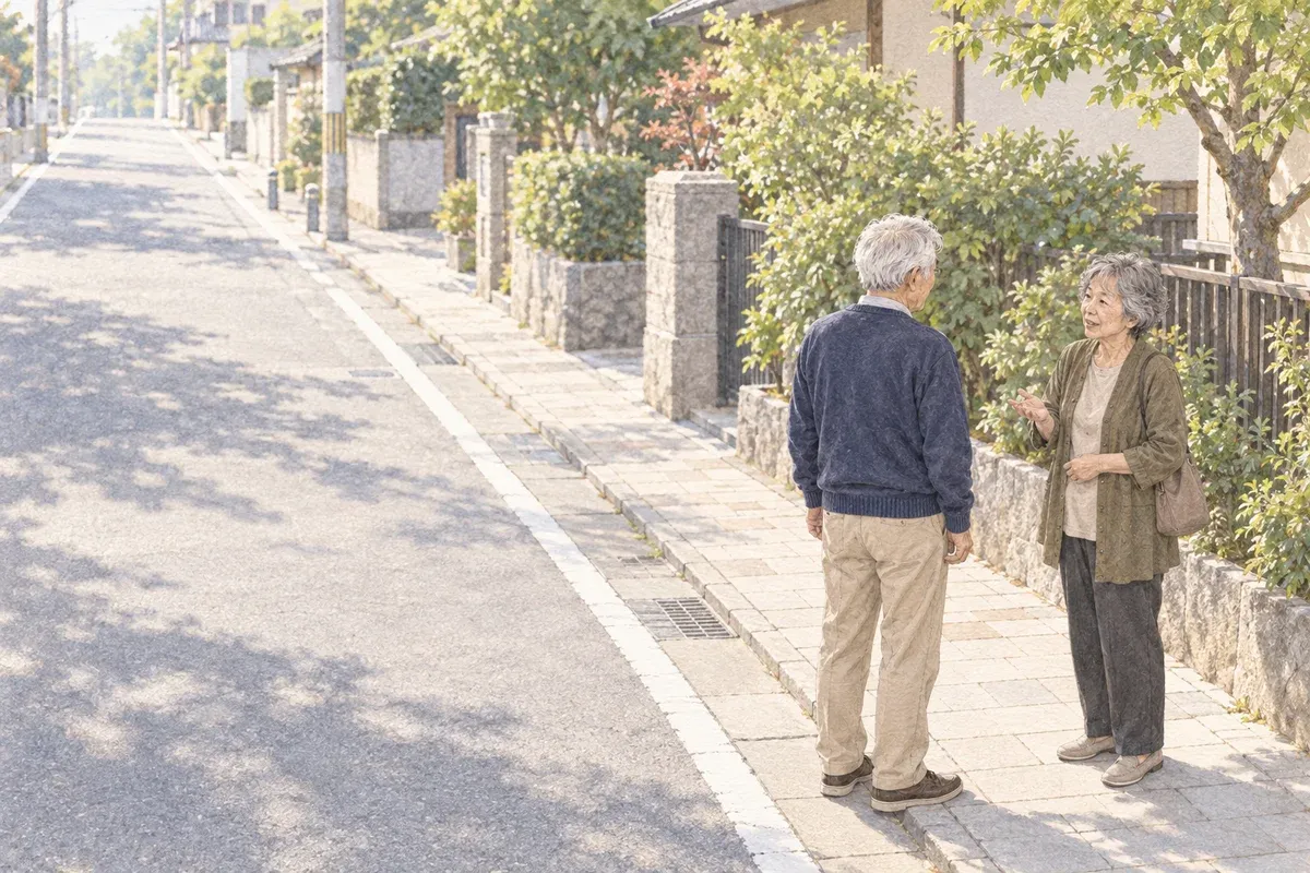 屋外の歩道で少し距離を空けて話す二人