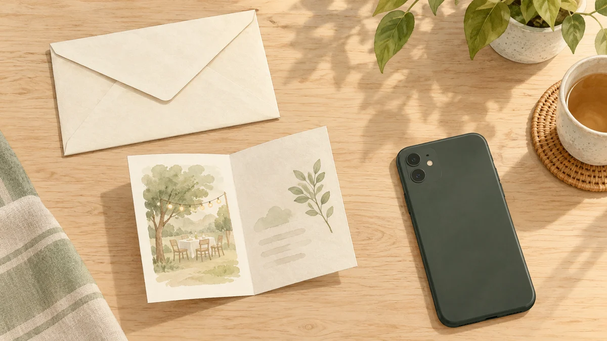 机の上に置かれた伏せたスマートフォン、封筒、案内用紙