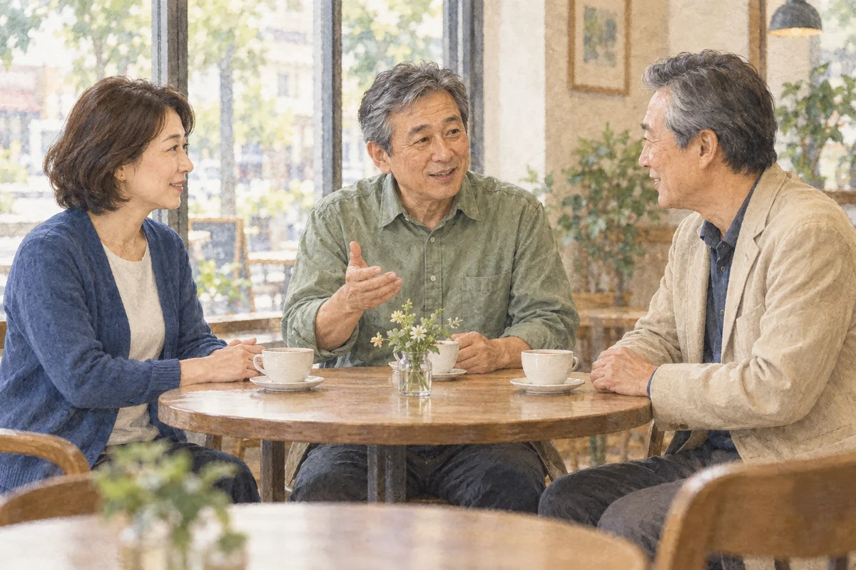 カフェで紹介者を交えて話す三人のイラスト