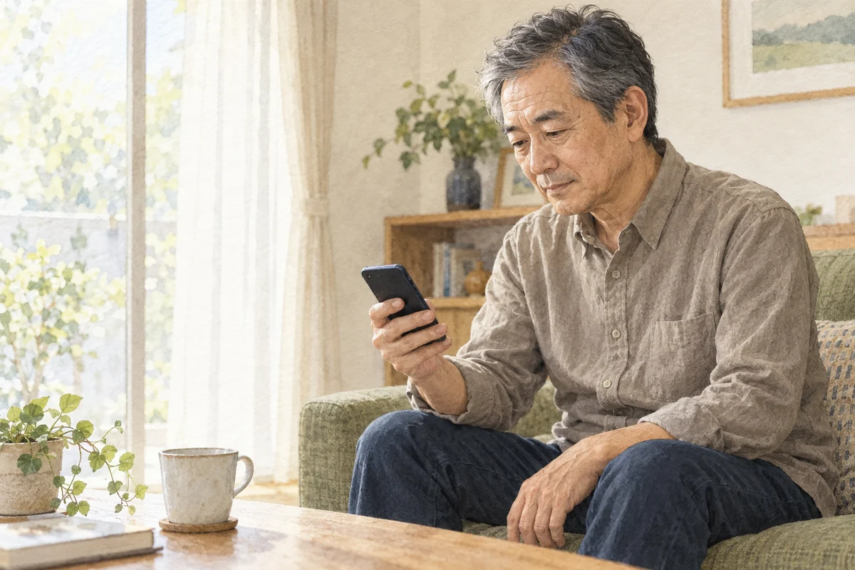 自宅でスマートフォンを手に返事を考える男性のイラスト