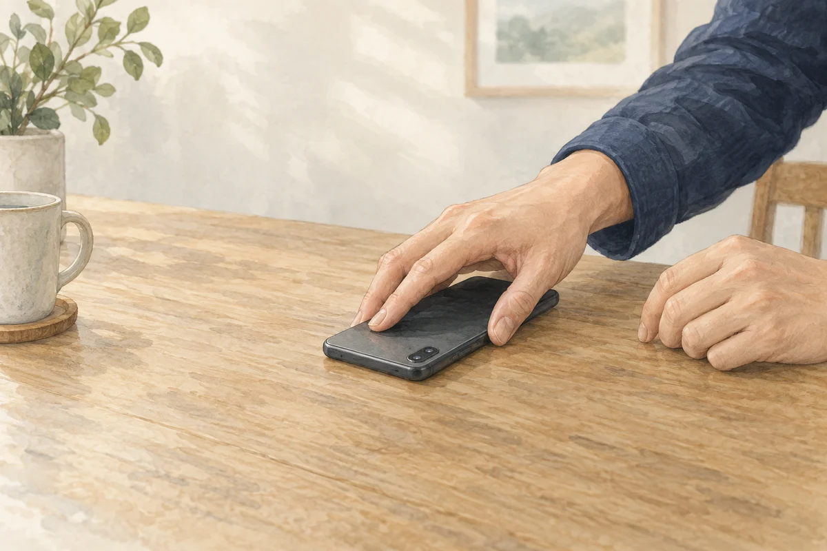 スマートフォンを伏せて机に置く人の手元
