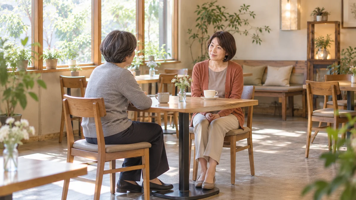 カフェで向かい合って座り、お茶を飲みながら話す二人