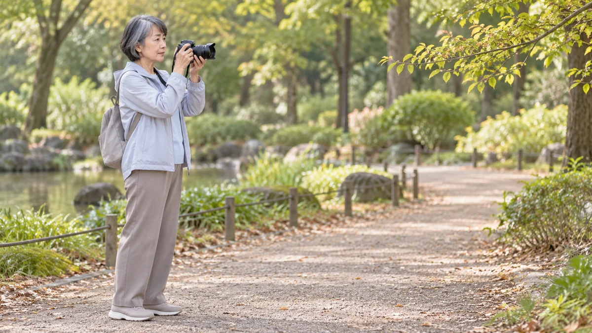 公園で一人、カメラを構える女性
