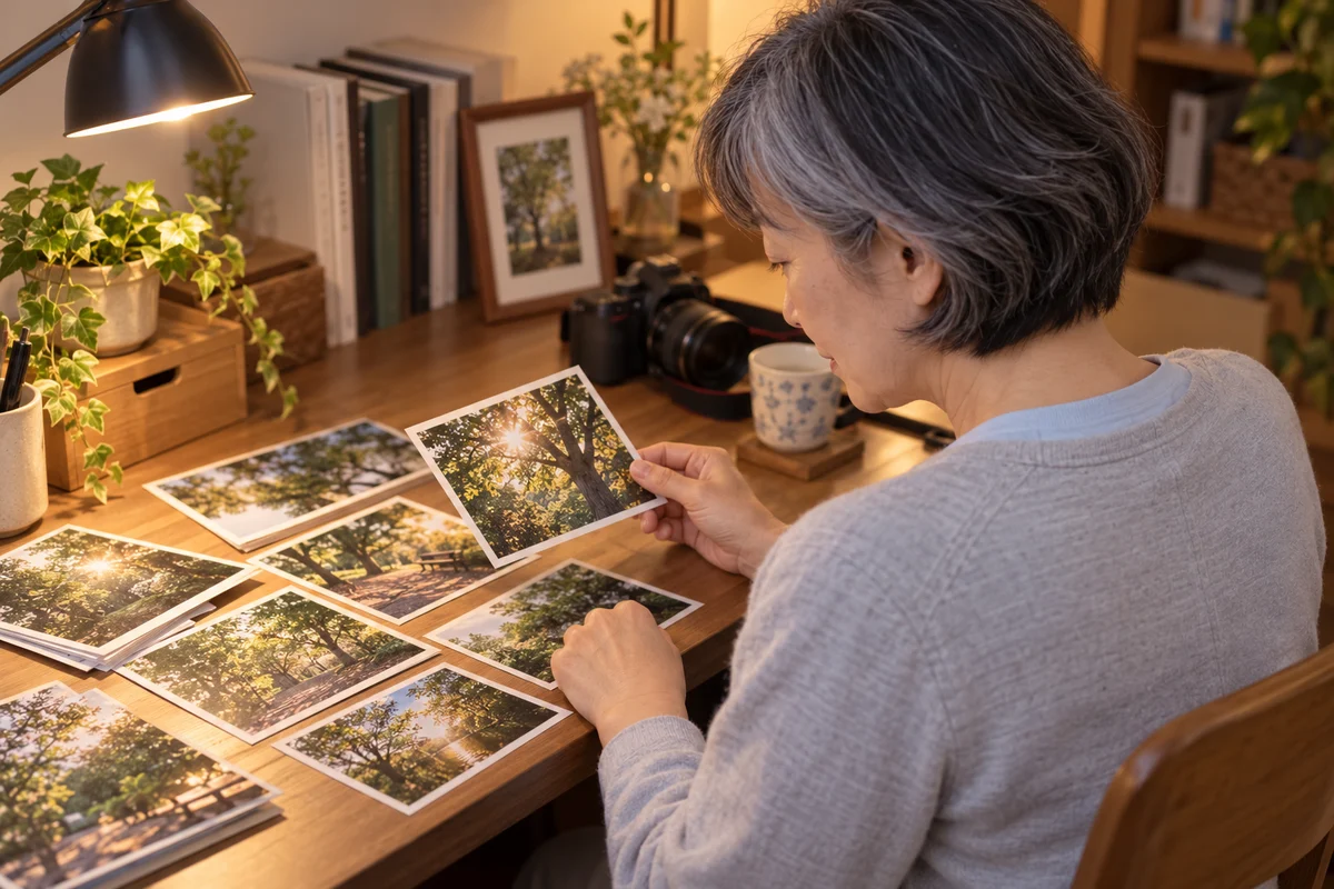 机で写真を一枚選ぶ女性