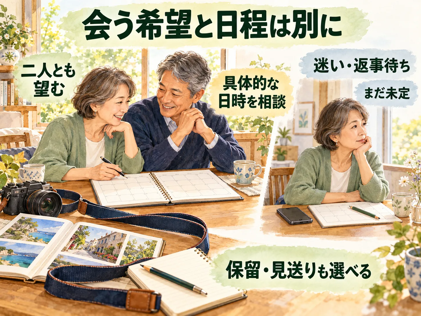 二人が望む会い方なら具体的な日時を相談し、迷いや返事待ちなら未定として扱う図。趣味の予定と会う予定を分け、保留・見送りも選べます。