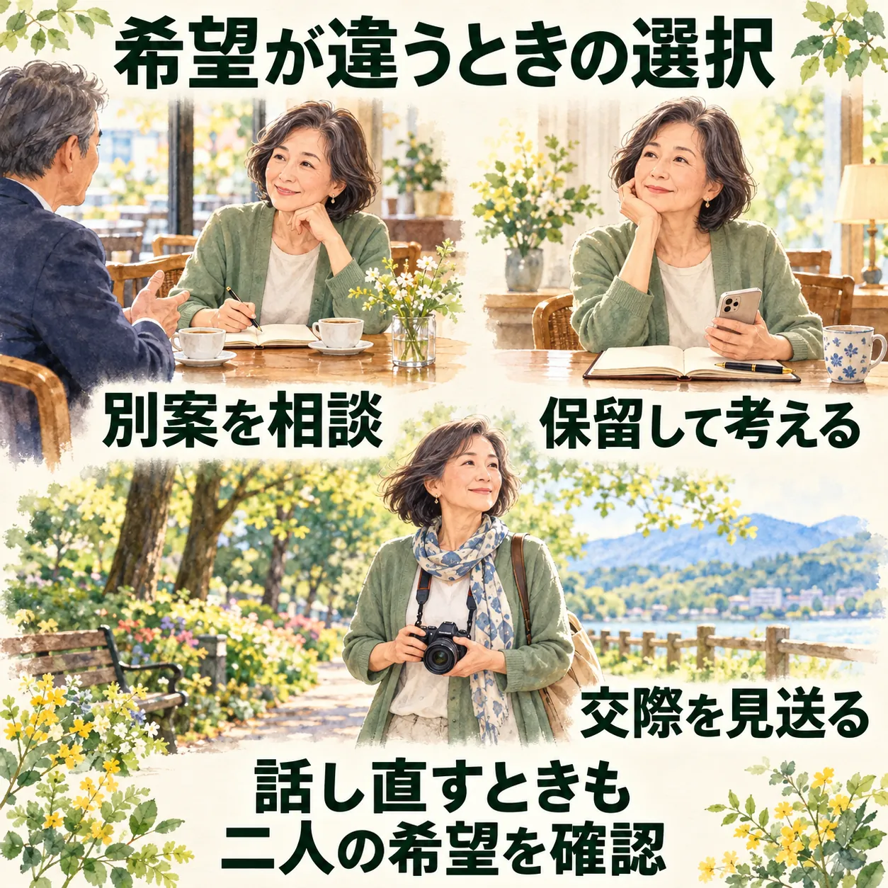 希望が違うとき、別案の相談、保留して考える、交際の見送りを選べる図。別案や話し直しでは二人の希望を確かめ直し、決めた予定の変更は別に伝えます。