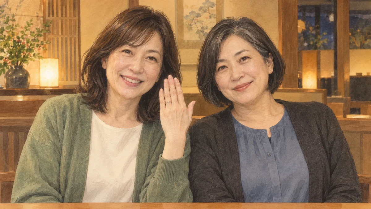 店で写真を撮ろうとする二人の友人