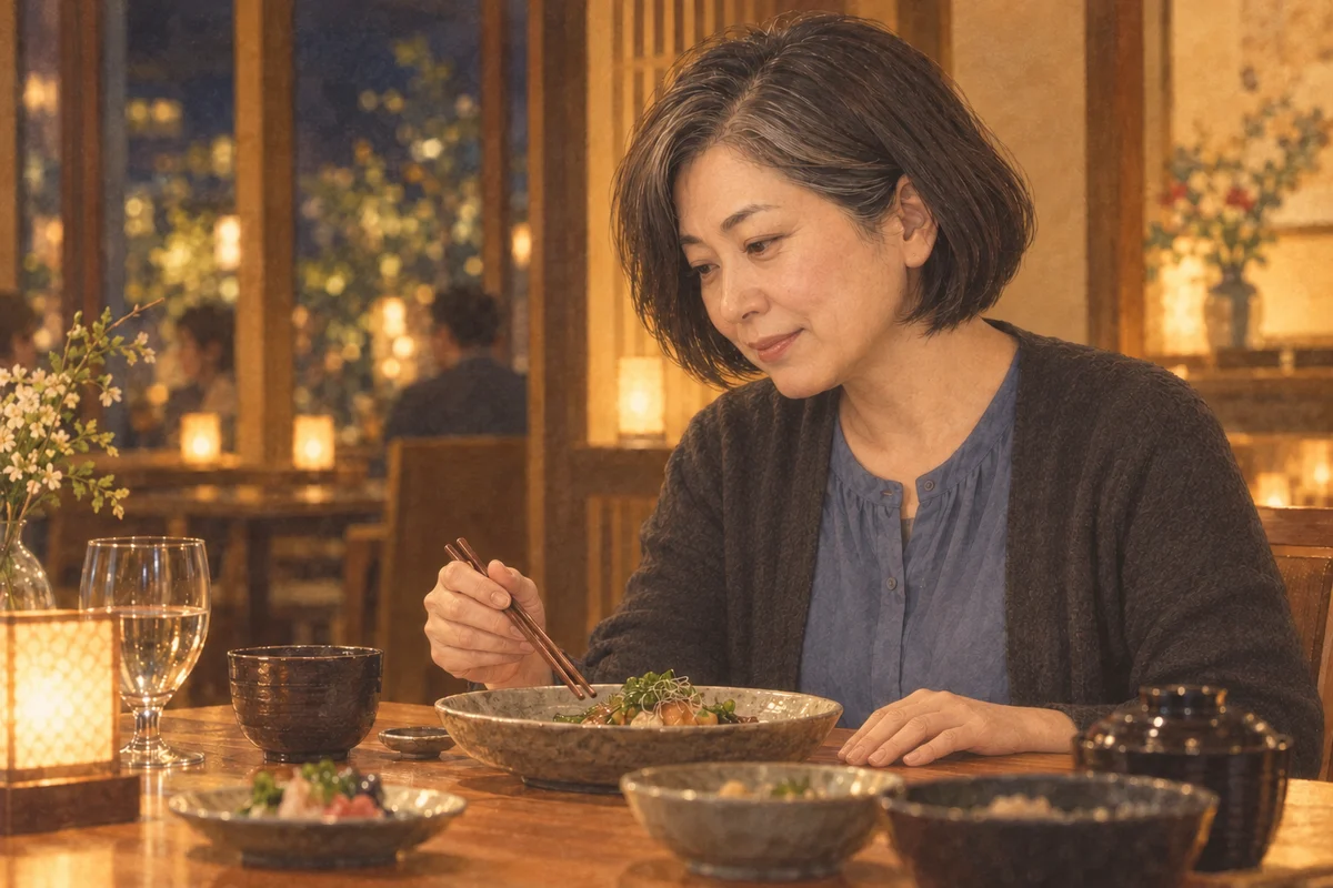 食事の途中で箸を止め、料理へ目を落とす女性