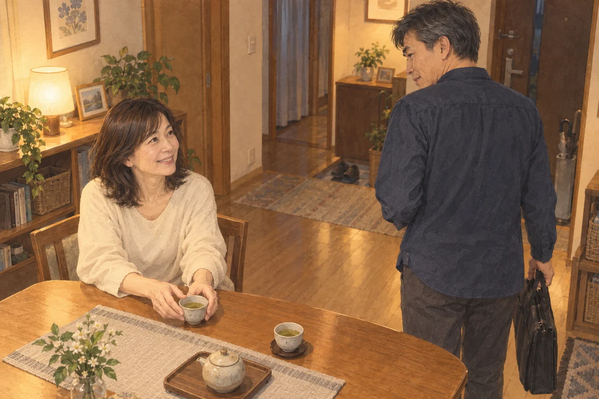 夕食後にお茶を勧める女性と、帰ろうとして振り返る男性