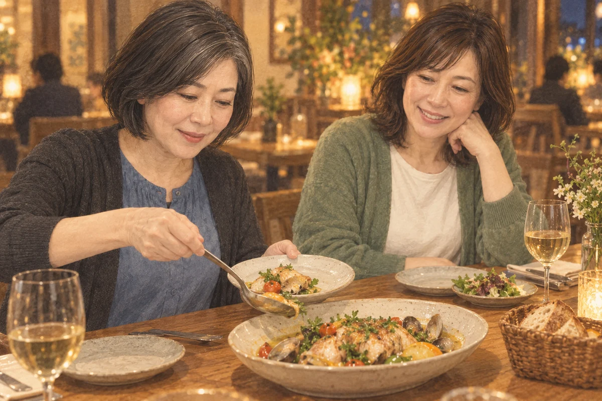 料理を取り分ける女性と、その様子を見る友人