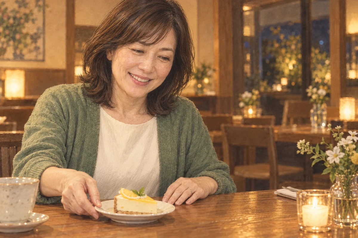 ケーキの皿を少し脇へ寄せる女性