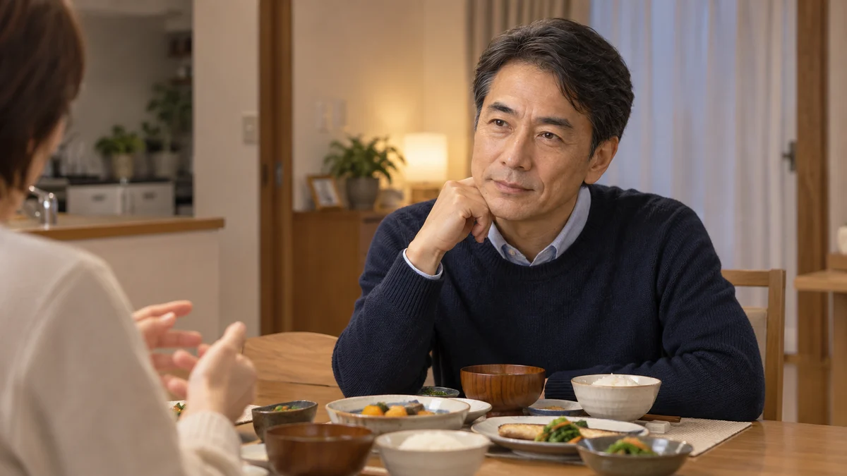 夕食の席で向かいの人の話を聞く男性