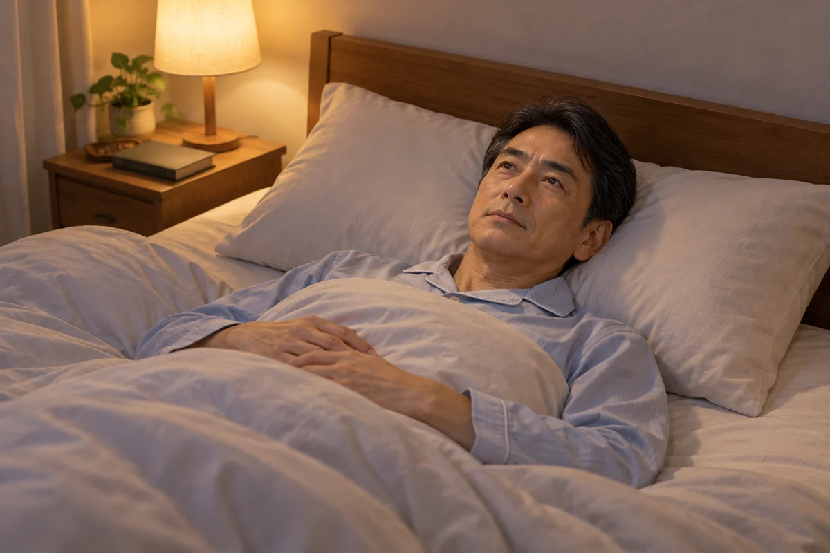 寝具に横になり、目を開けて考える男性