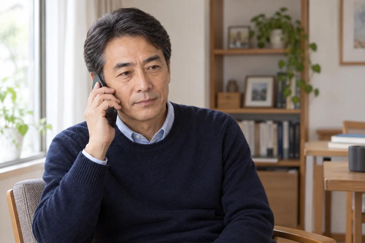 自室で電話を耳に当て、相手の話を聞く男性