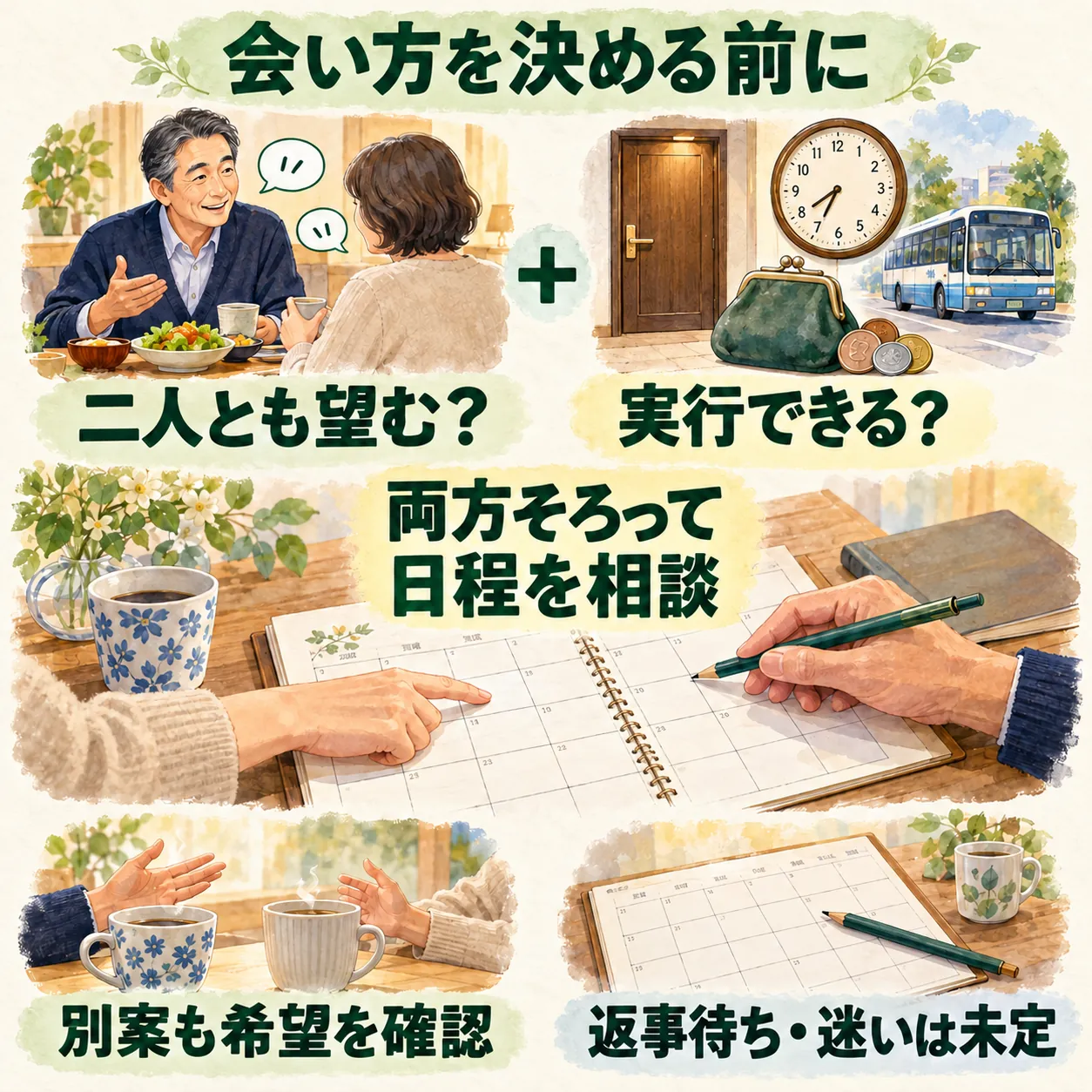 会い方を二人とも望むことと実行条件を別々に確かめ、両方がそろってから日程を相談する図。別案も希望を確かめ、返事待ちや迷いは未定です。