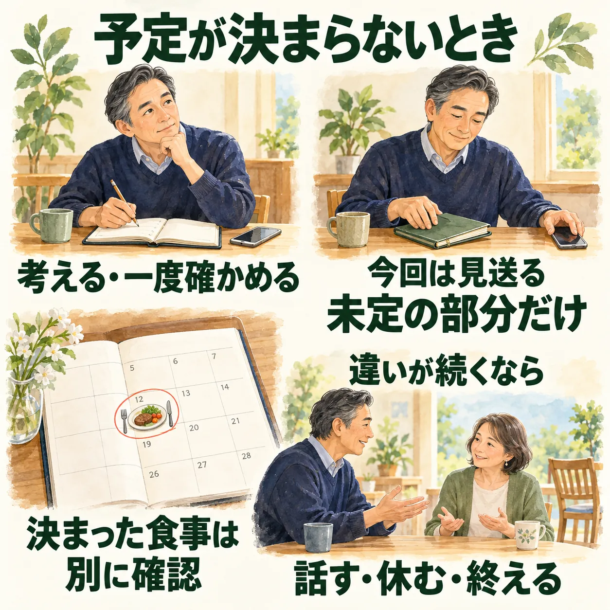 未定の予定は考えて確かめるか、その未定の部分だけを見送る。約束済みの食事は別に確認し、違いが続くなら関係を話す・休む・終える選択もある図。