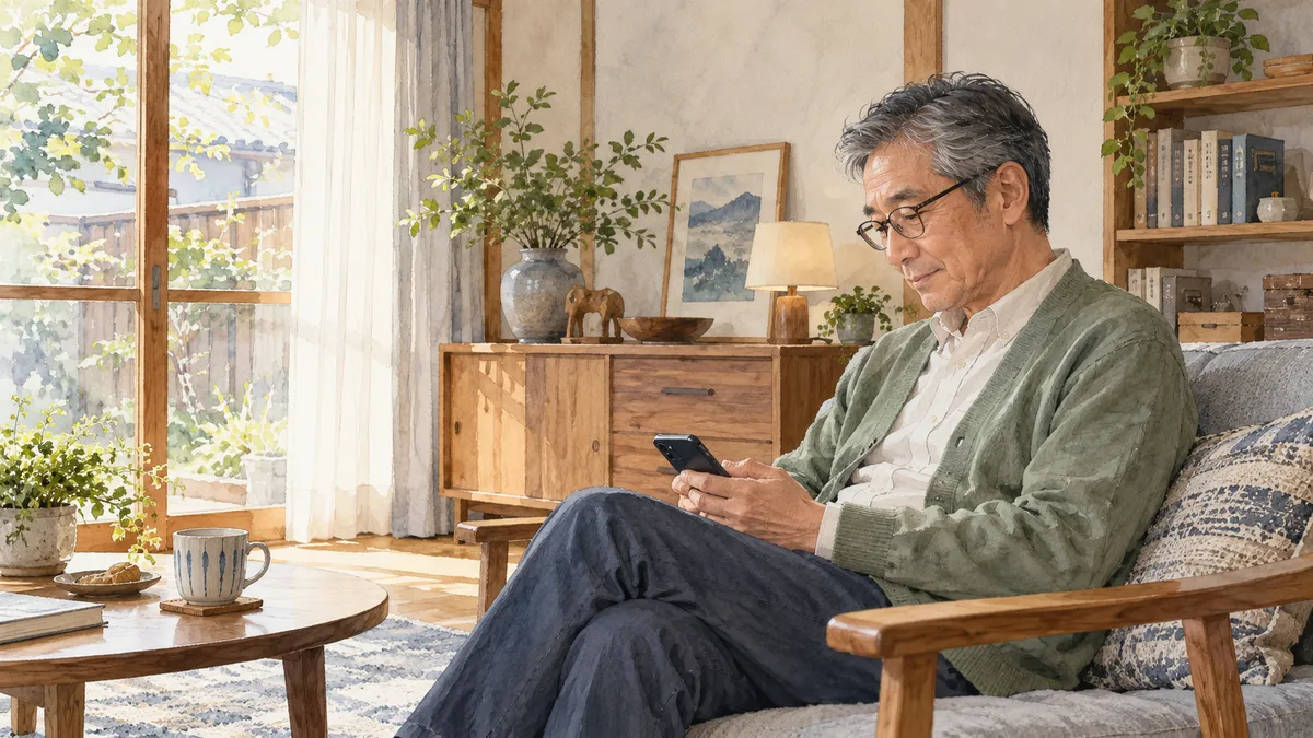 窓辺でスマートフォンに目を向ける男性