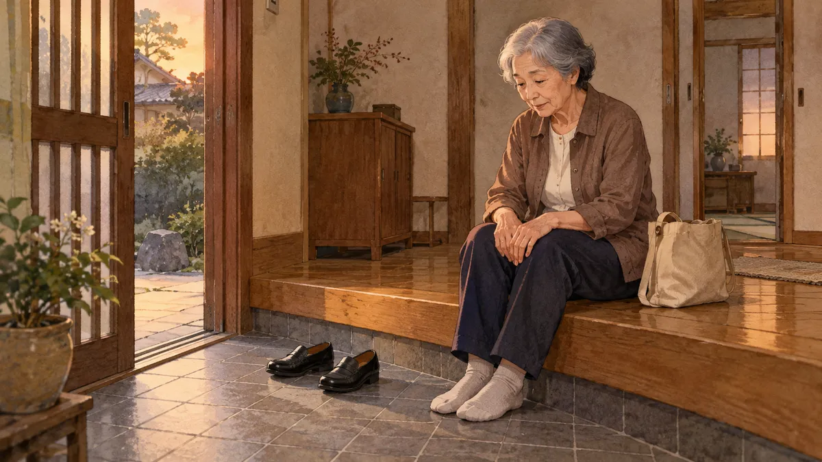 玄関の上がり框に腰を下ろす女性