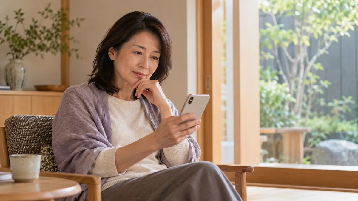 スマートフォンを見ながら返事を考える女性