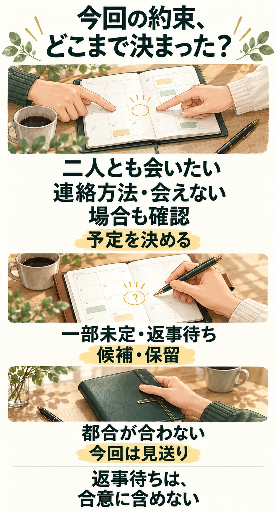 二人で条件を確認して予定を決める、一部未定なら保留、都合が合わなければ見送る三つの選択
