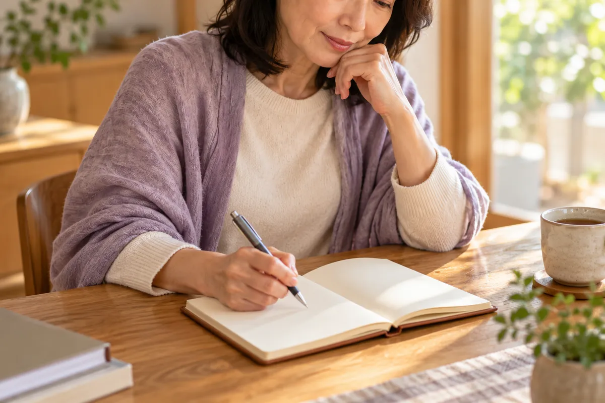 ノートにペンで書く女性