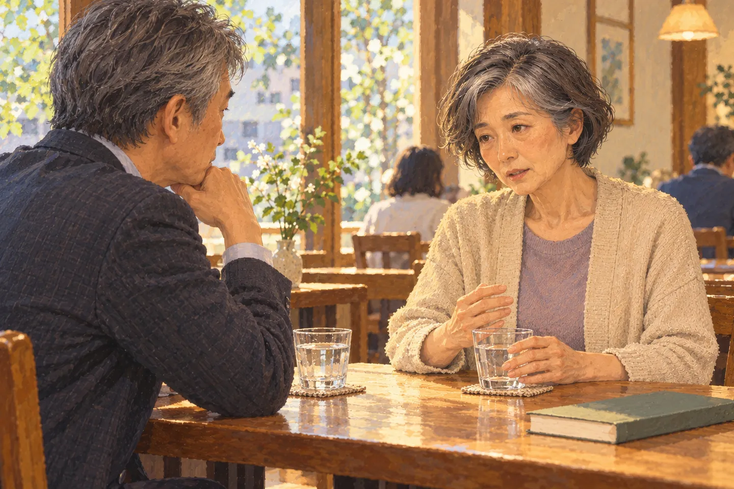 本と水のグラスを置いたテーブルで向かい合う男女
