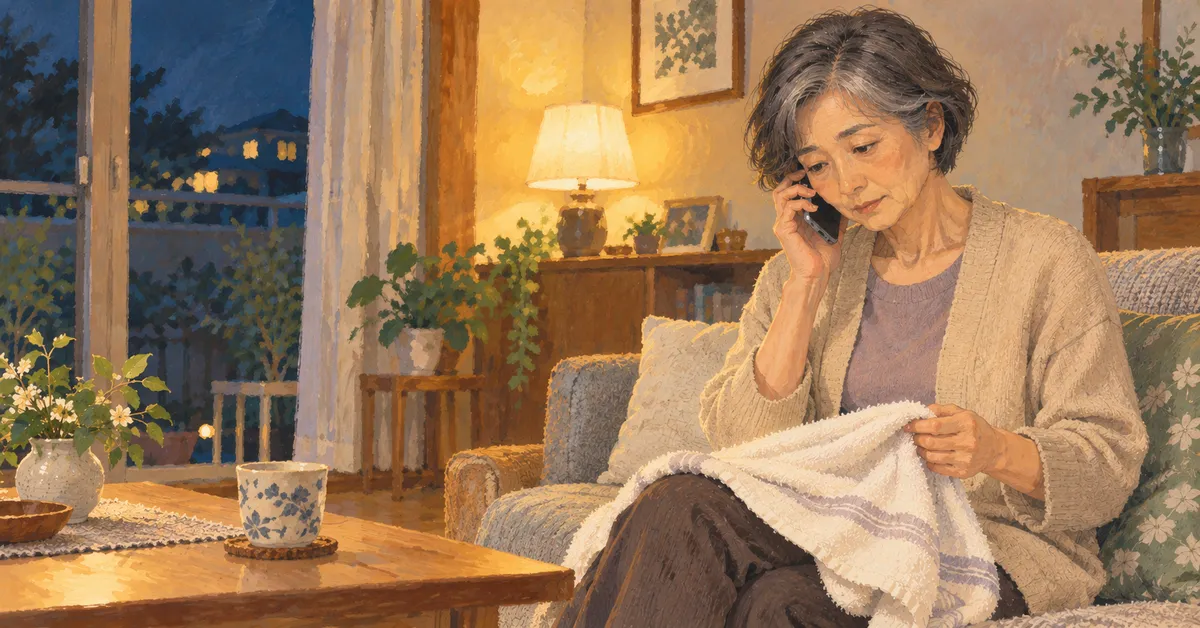 タオルを膝に広げて夜の電話を聞く女性