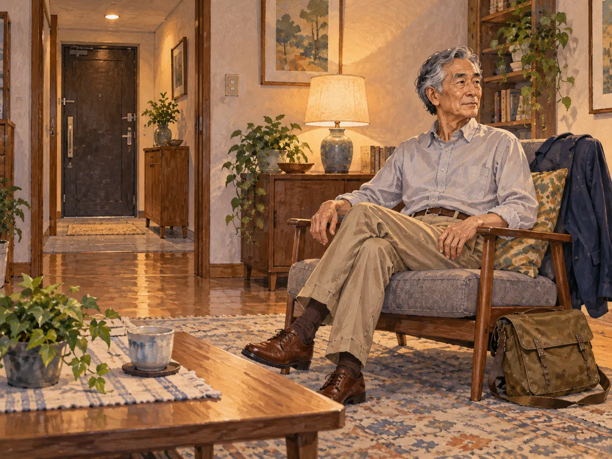 帰宅し、鞄を置いて椅子に腰を下ろした男性