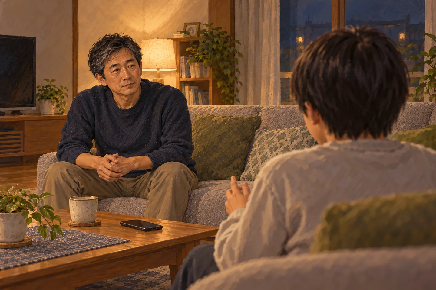 携帯を置き、子どものほうへ顔を向けて話を聞く男性