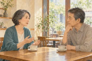 喫茶店で向かい合い、落ち着いて話す二人