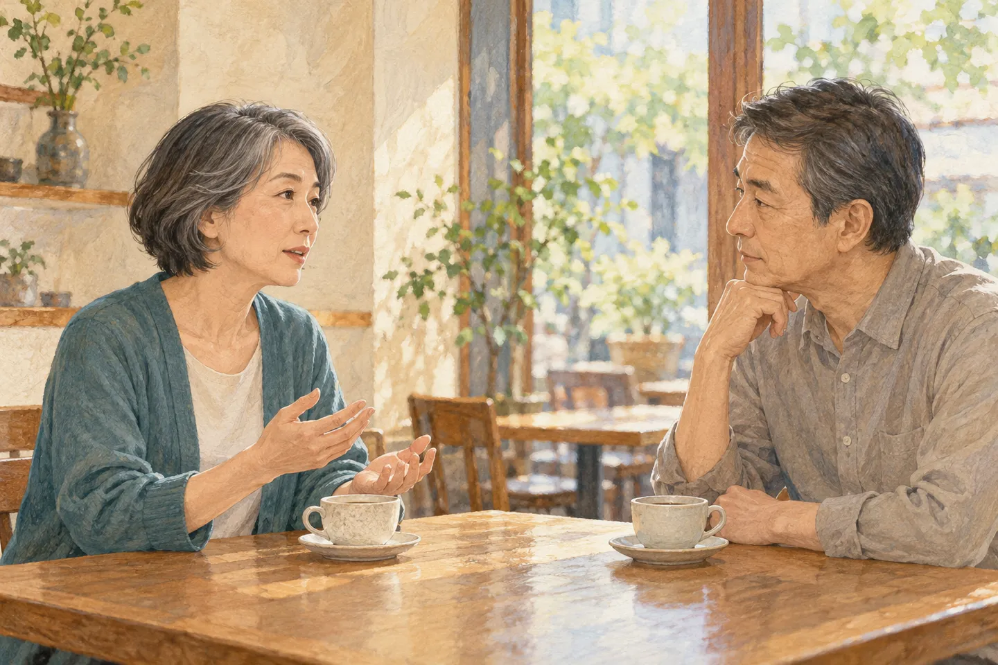 喫茶店で向かい合い、落ち着いて話す二人