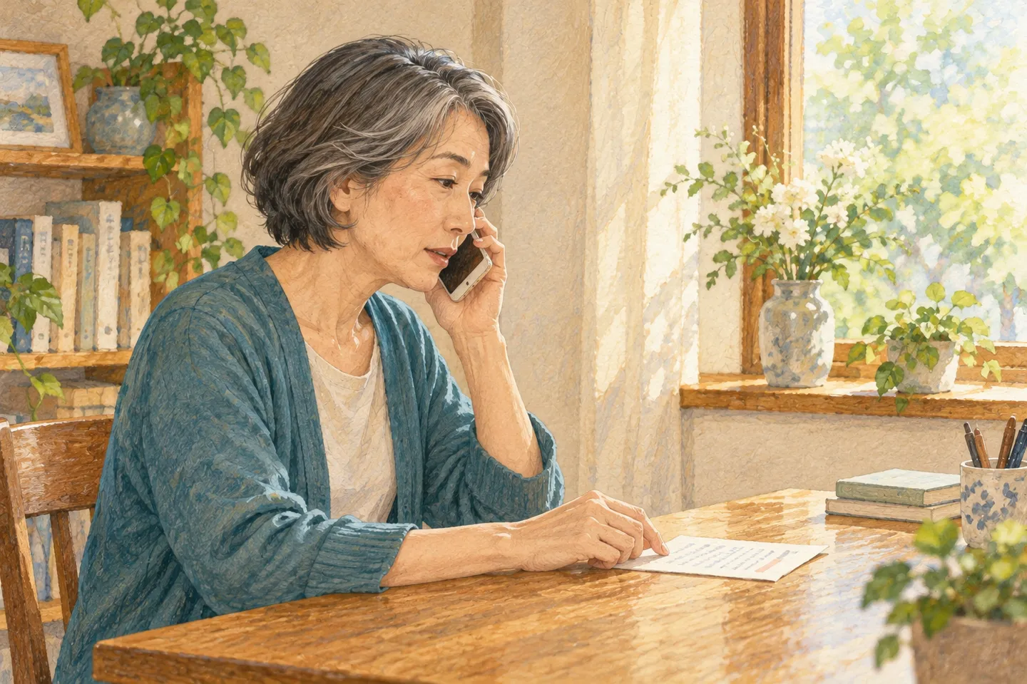 予約メモに目を向けながら電話で話す人