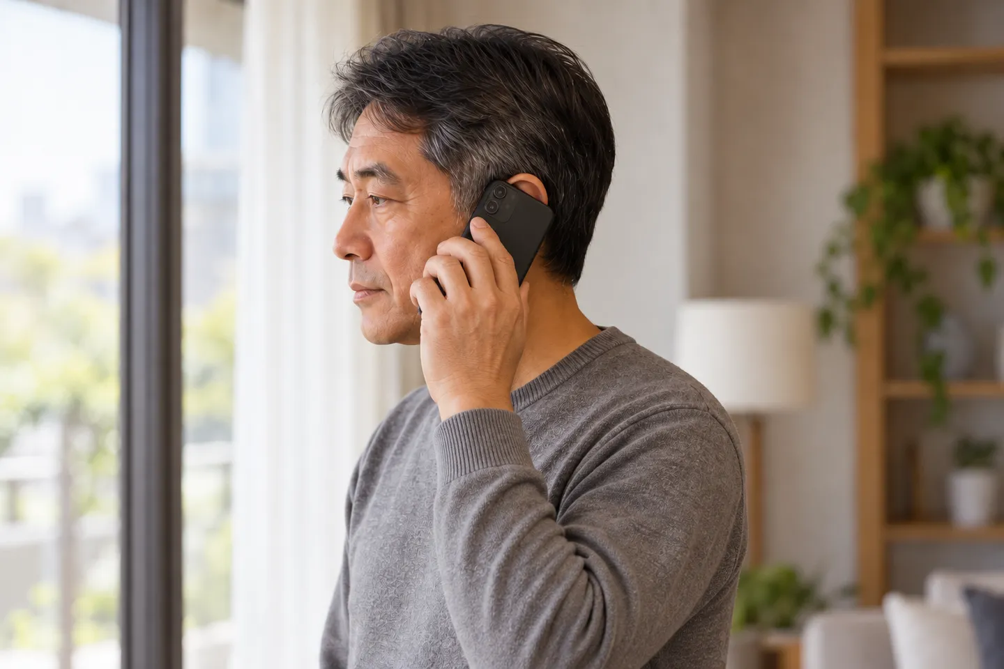 自宅で電話を耳に当て、話を聞く男性