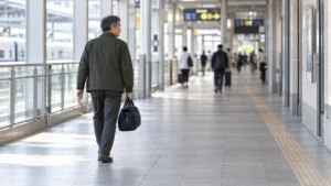 一泊の荷物を持って駅を歩く男性