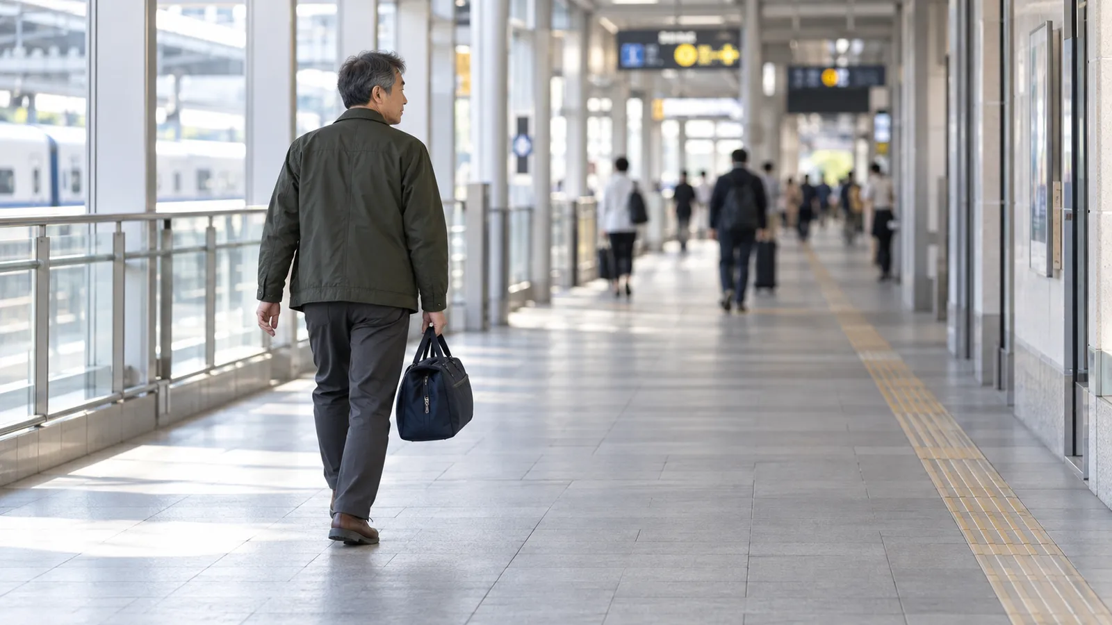 一泊の荷物を持って駅を歩く男性