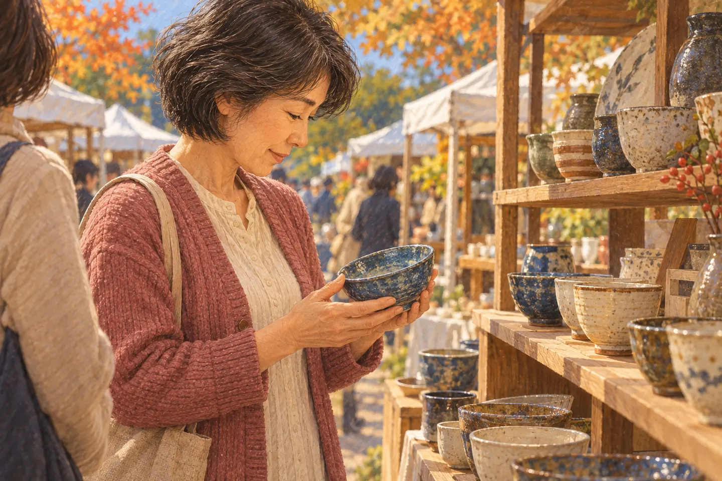 陶器市で青い鉢を手に取る女性