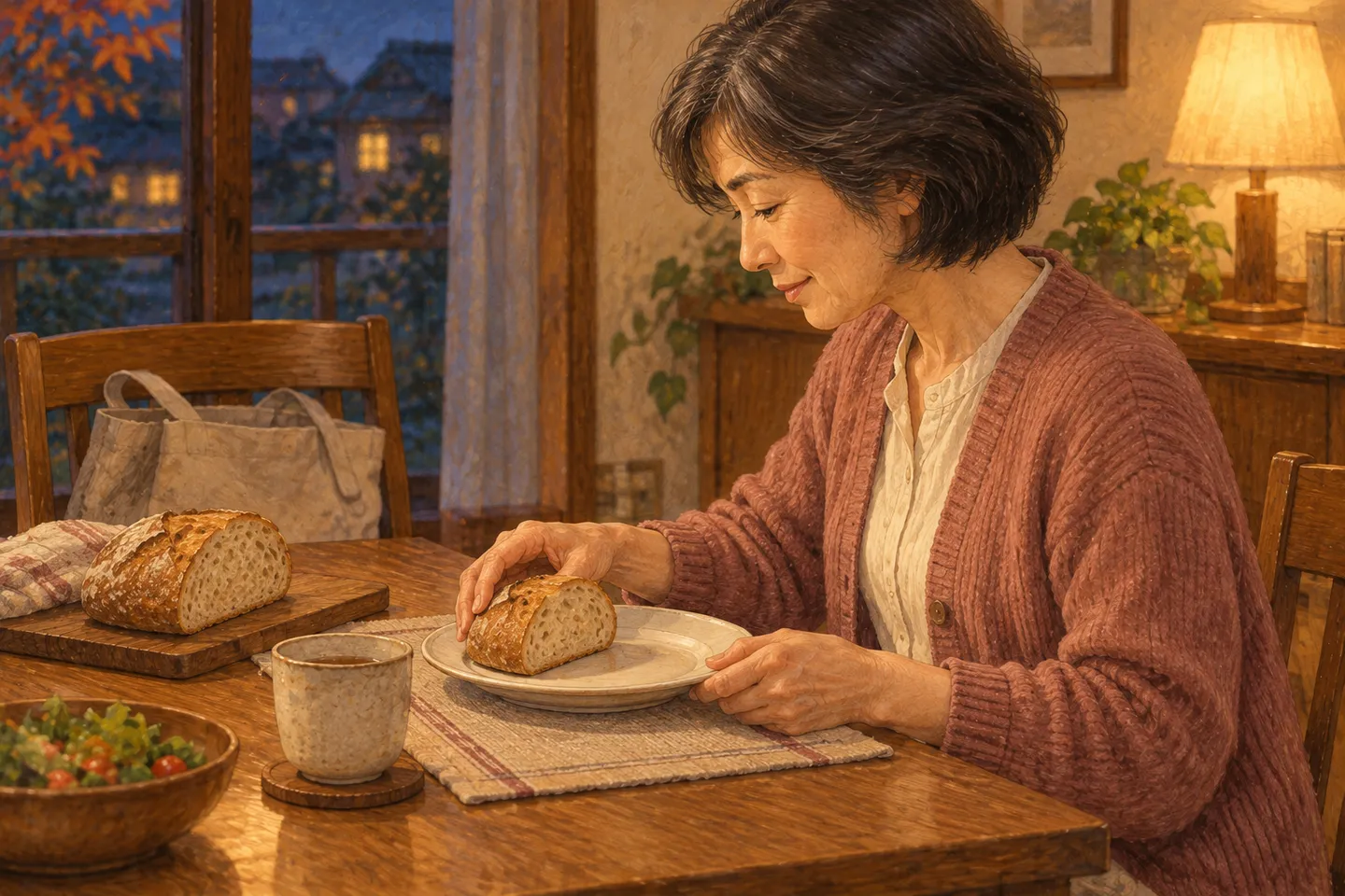 一人分の皿にパンを載せる女性