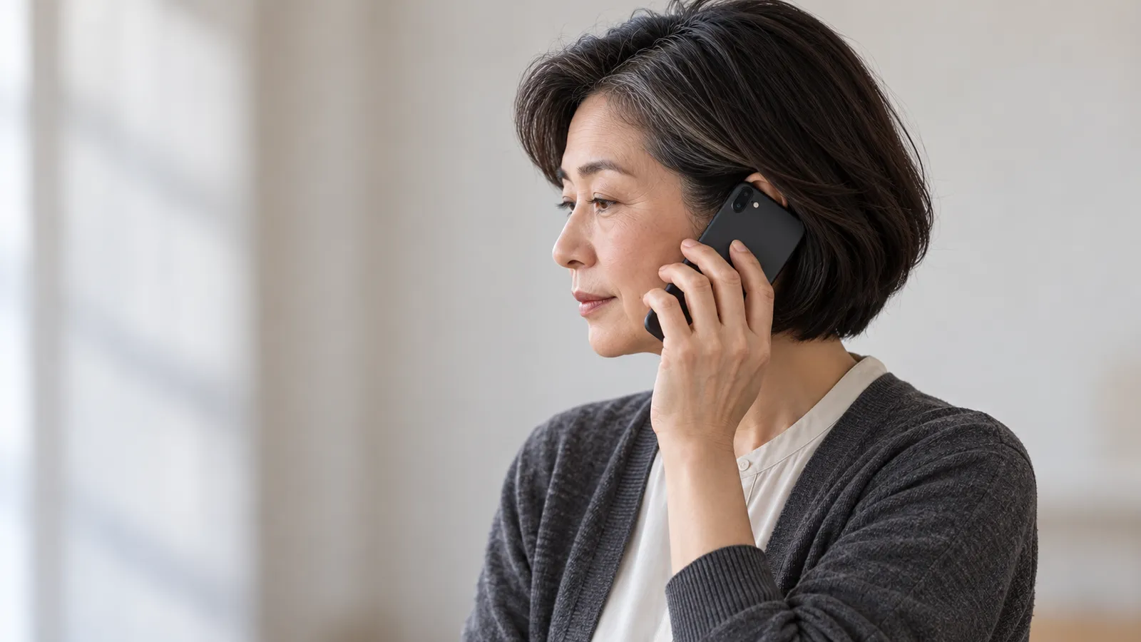 電話を耳に当て、相手の話を聞く女性