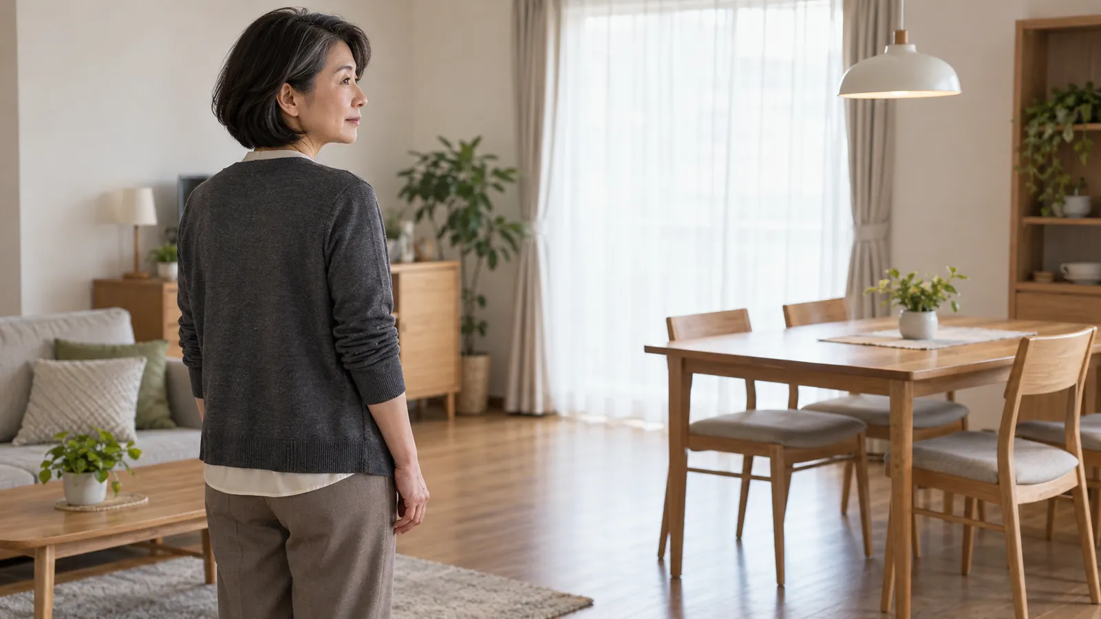 共用の居間を見渡す女性