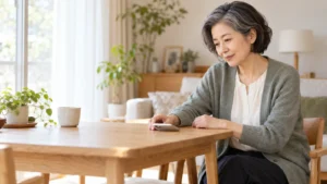 机に置いたスマートフォンを見つめる女性